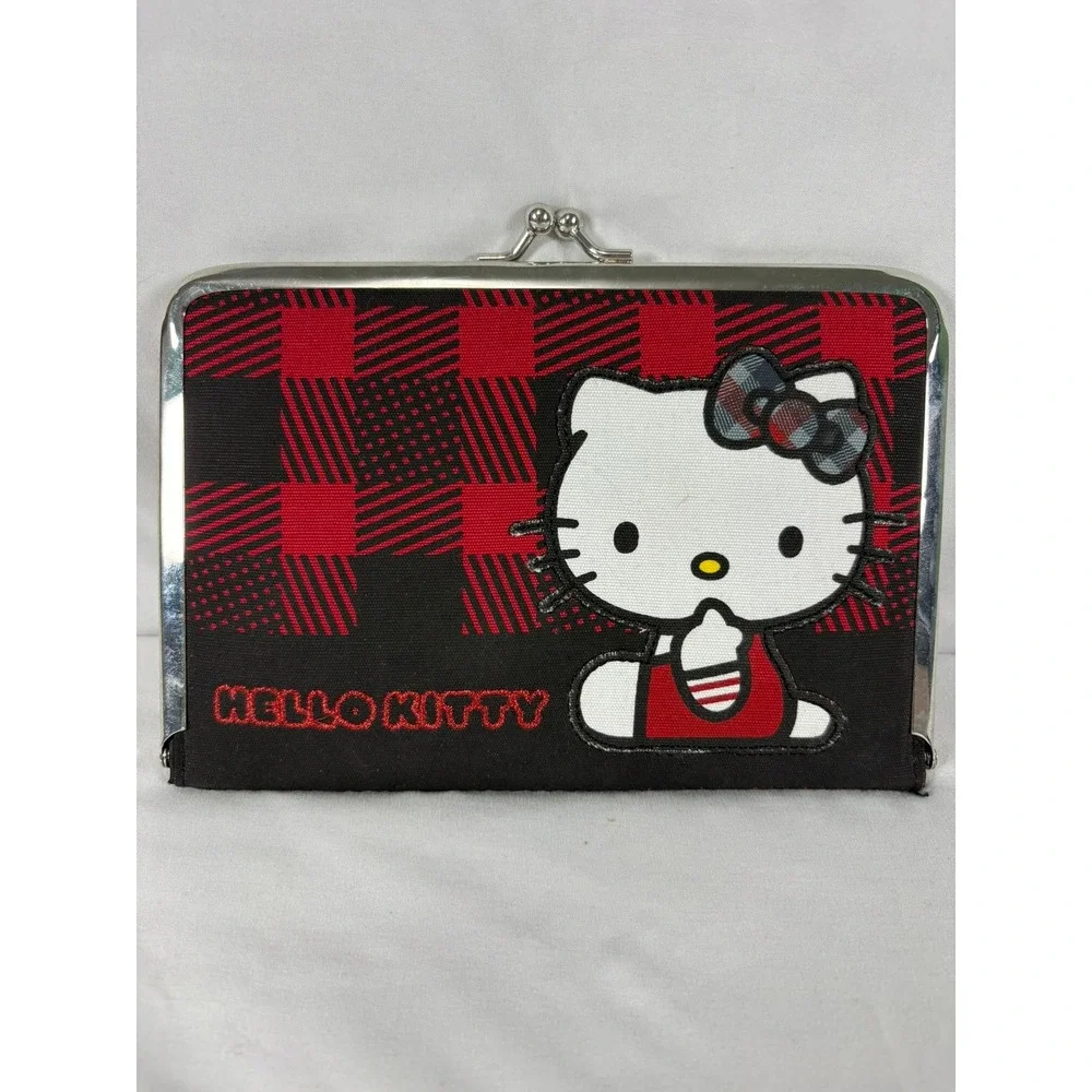 Hello Kitty Wallet Womens OS Buffalo Plaid Red Black‎ Kiss Lock Y2K Sanrio